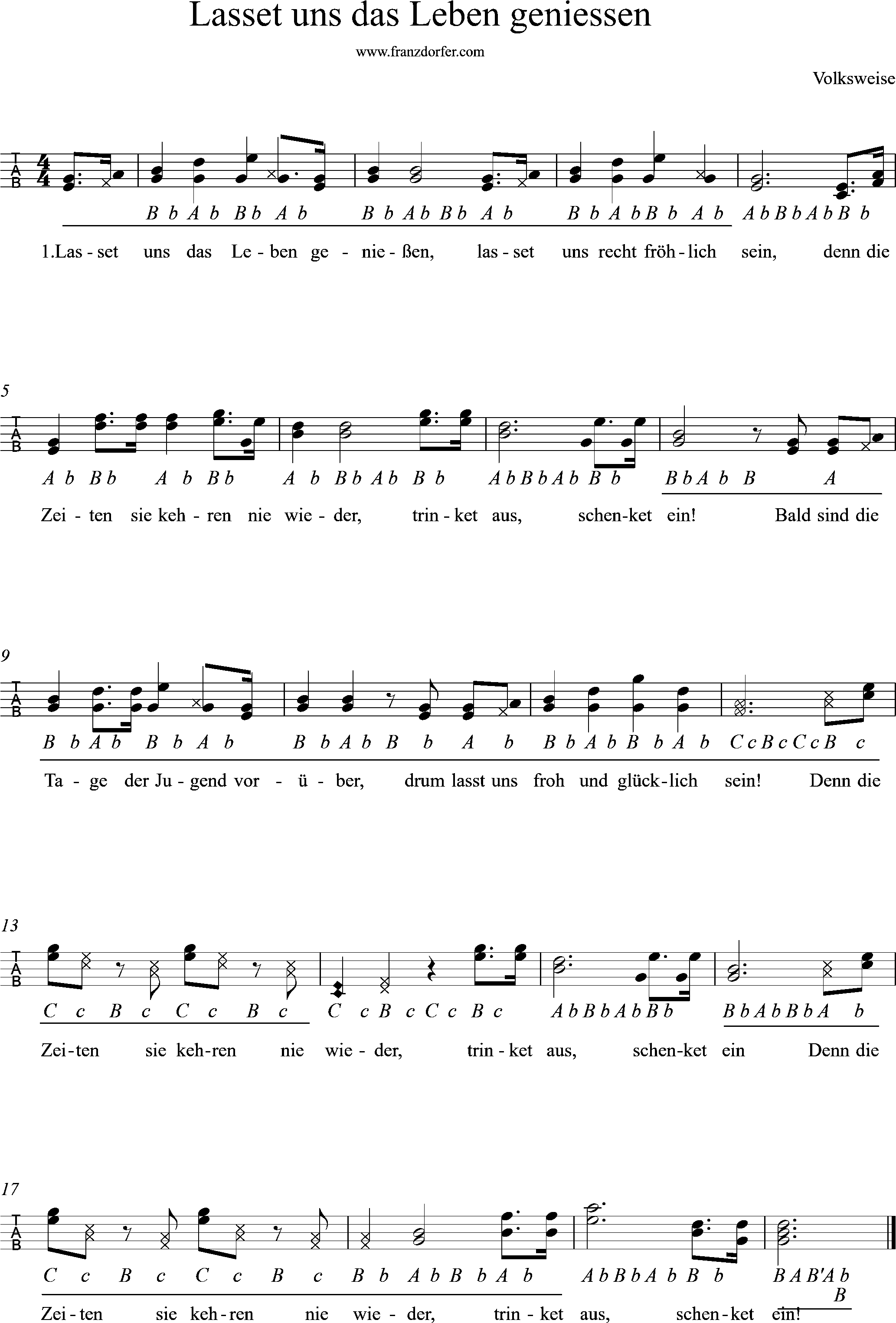 Lasset uns das Leben genießen-Ziachnoten - Griffschrift für Steirische Harmonika